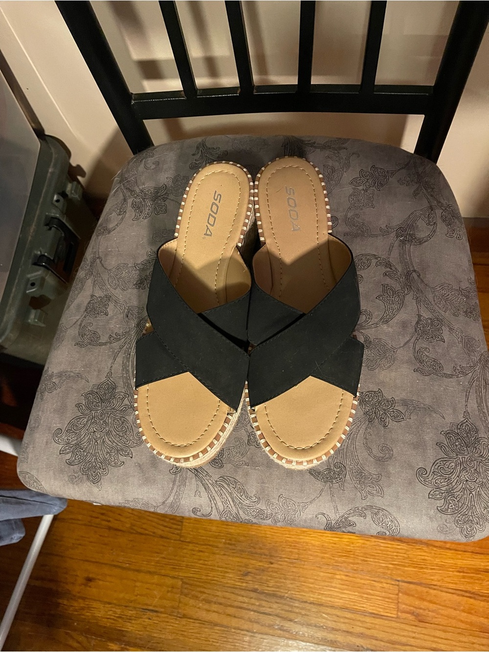 Soda Black Crossband Slip-On Mules